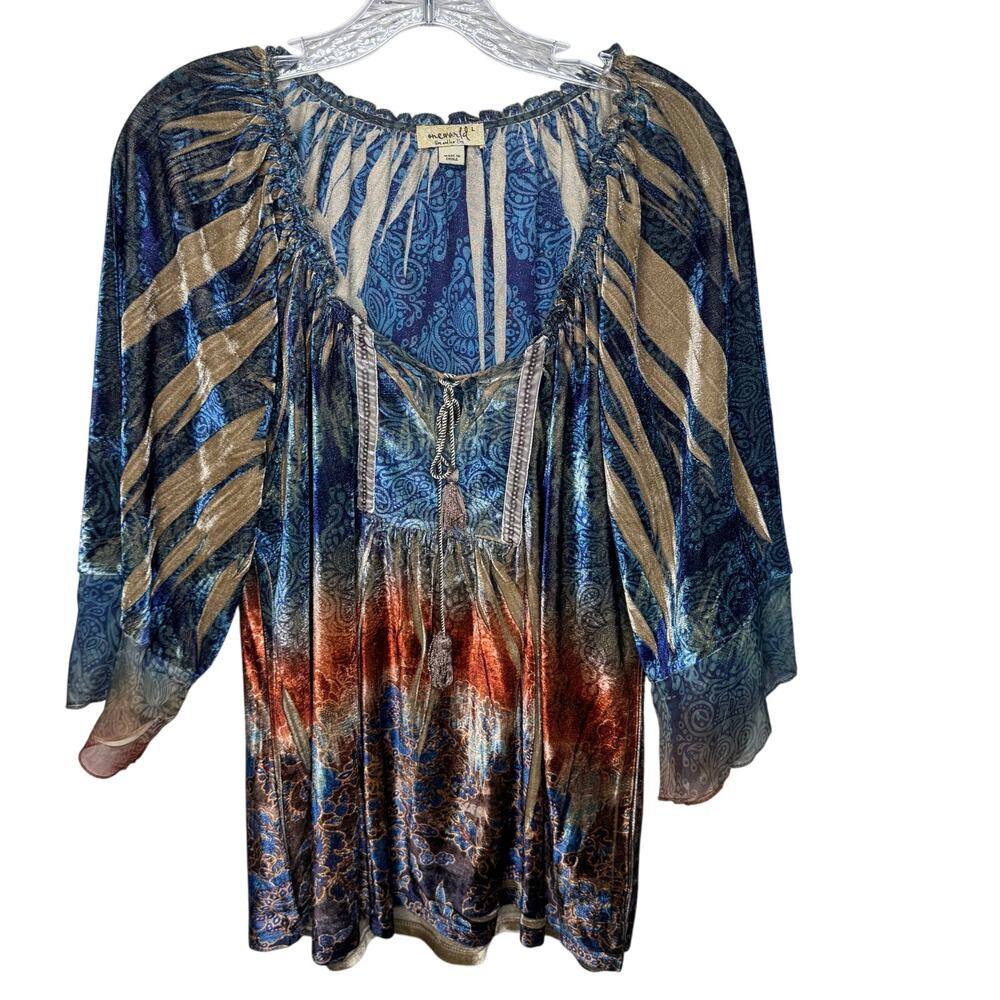One World Live and Let Live Boho Velvet Peasant Top Blouse Blue Red Size L